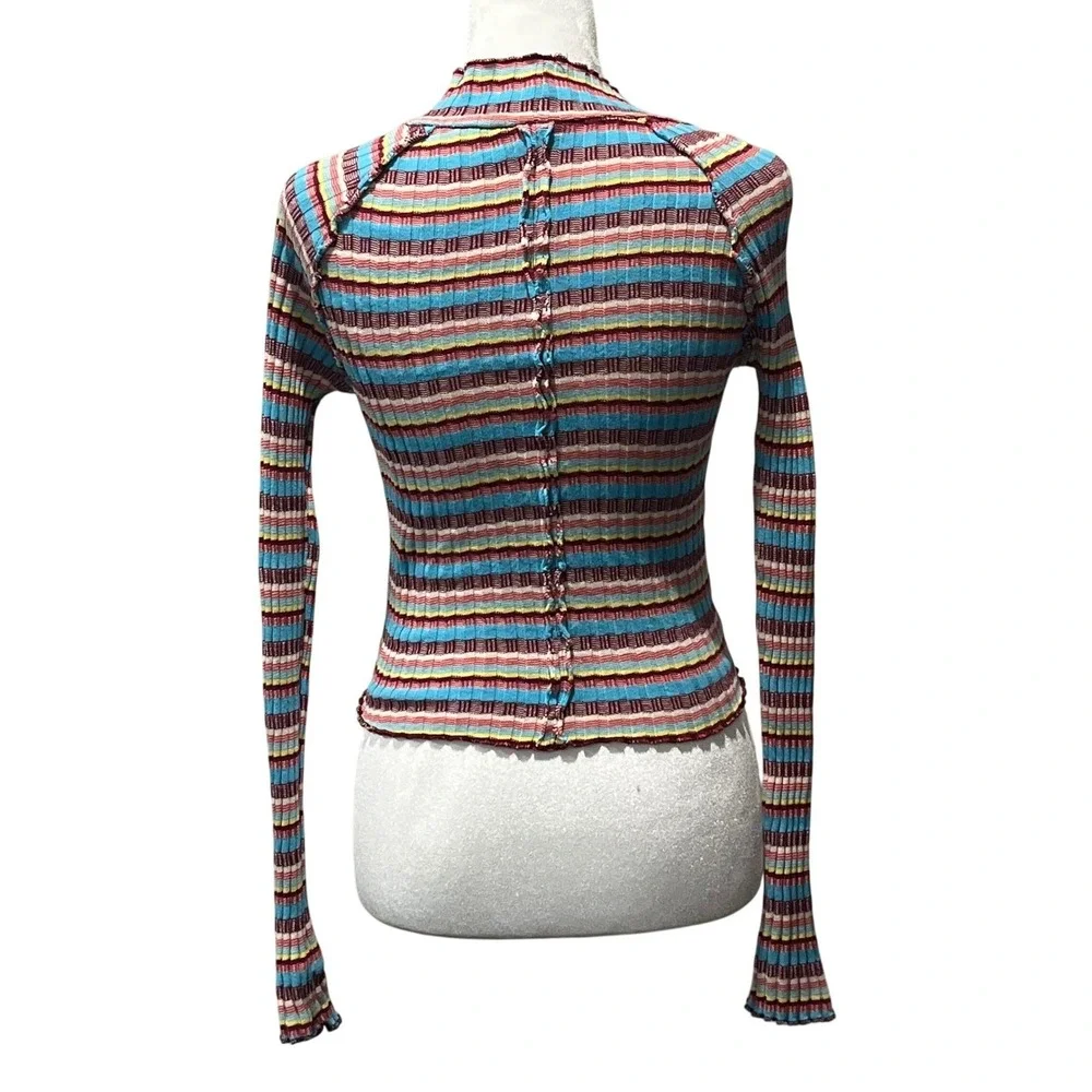 Free People Mirror‎ Striped Tee Mock Ruffle Cropped Long Sleeve Top Small Retro